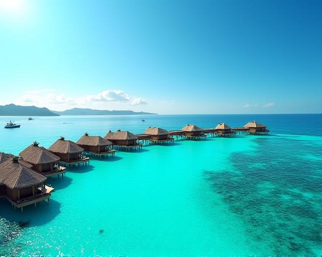 An aerial view of a luxurious overwater bungalow in the Maldives.